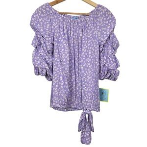 CECE NWT Ditsy Floral Blouse With Ruffle Sleeves, Purple/White, Small